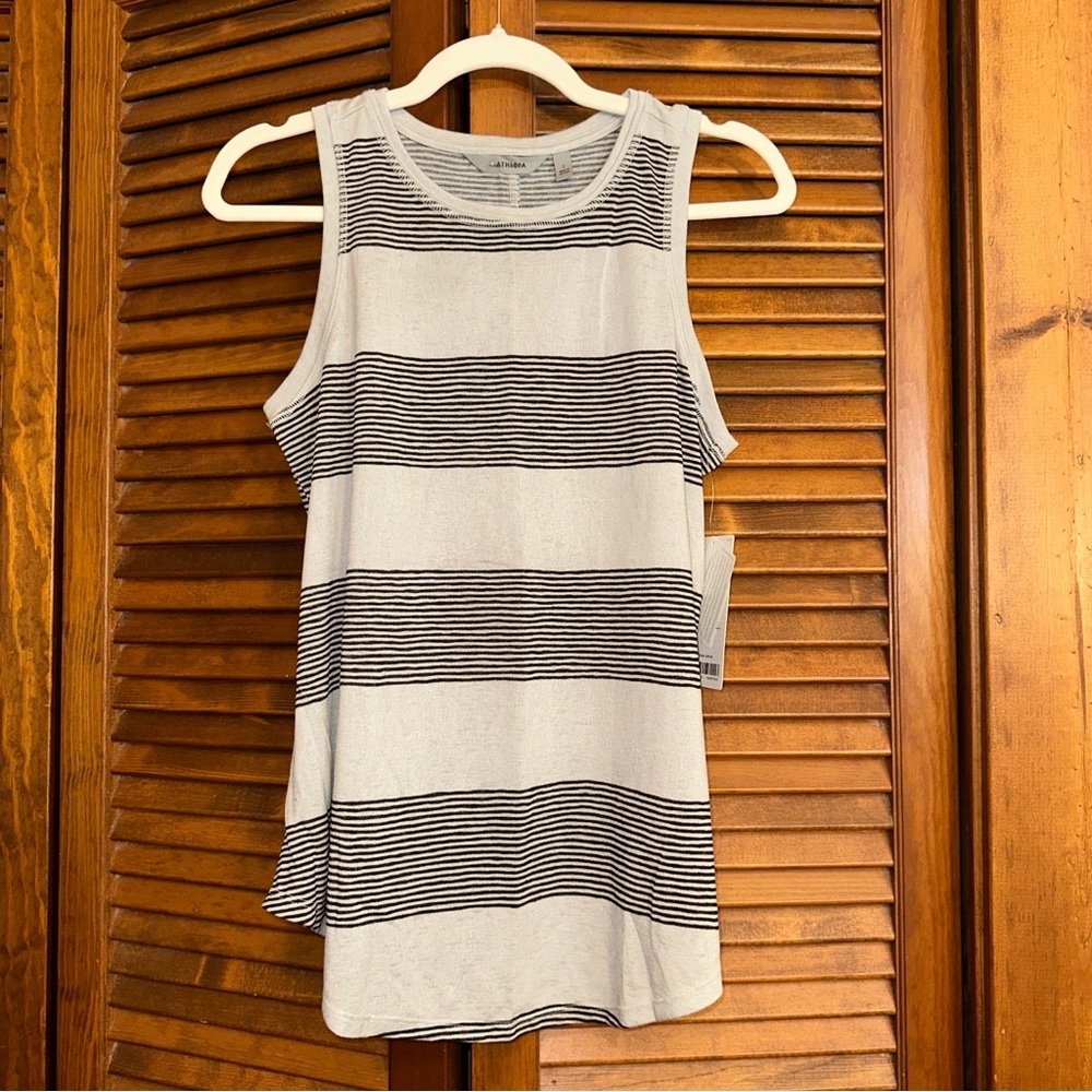 NWT Athleta Breezy Tank, gray with black stripes, flowy A-line, size S